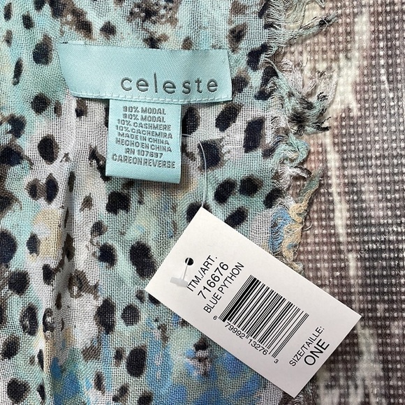 Celeste Blue Python Scarf NWT Lightweight Modal Cashmere Blend Tassles 40"" - Picture 7 of 9